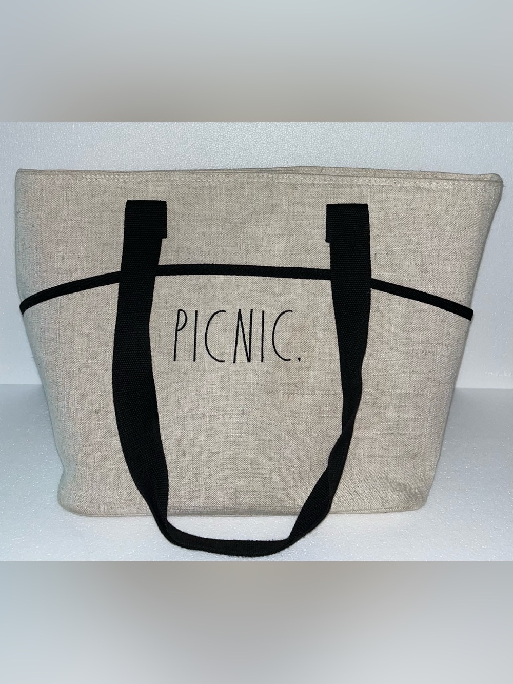 Rae Dunn Picnic Large Insulated Tote Bag NWT 20 in x 13.5 in Beige Black